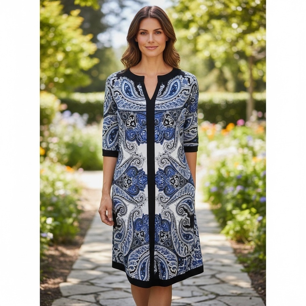 INC International Concepts Womens Shift Dress. Paisley Boho 3/4 Sleeve
